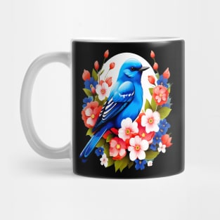 Cute Blue Bird Surrounded by Bold Vibrant Spring Flowers Mug